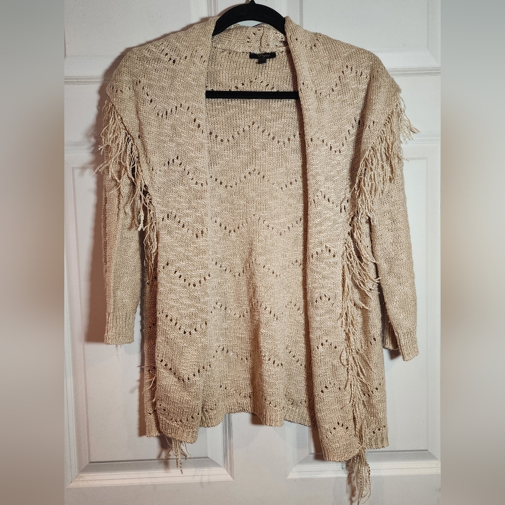 Cupio Fringed Open-Front Knit Sweater Cardigan - Cream Medium